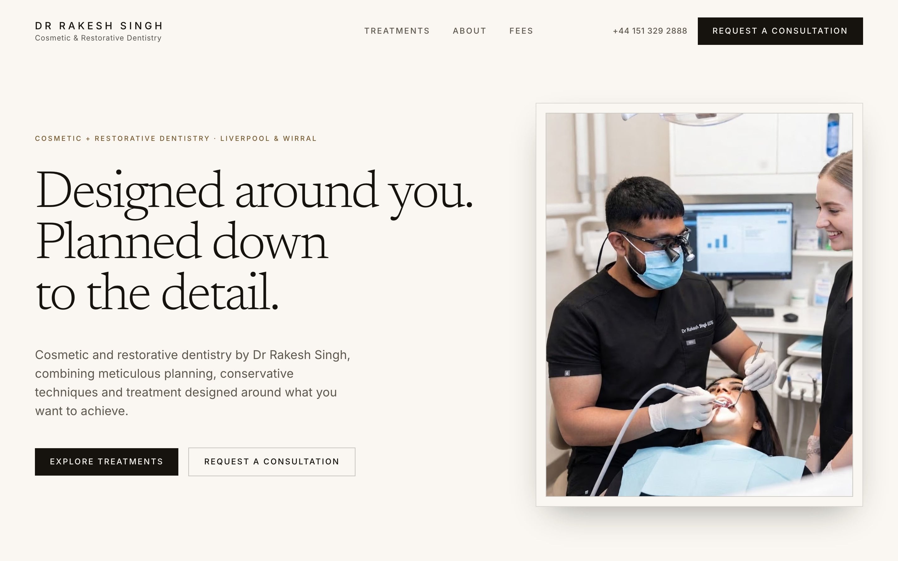 Dr Rakesh Singh’s homepage: “Designed around you. Planned down to the detail.” beside a framed photograph of him treating a patient.