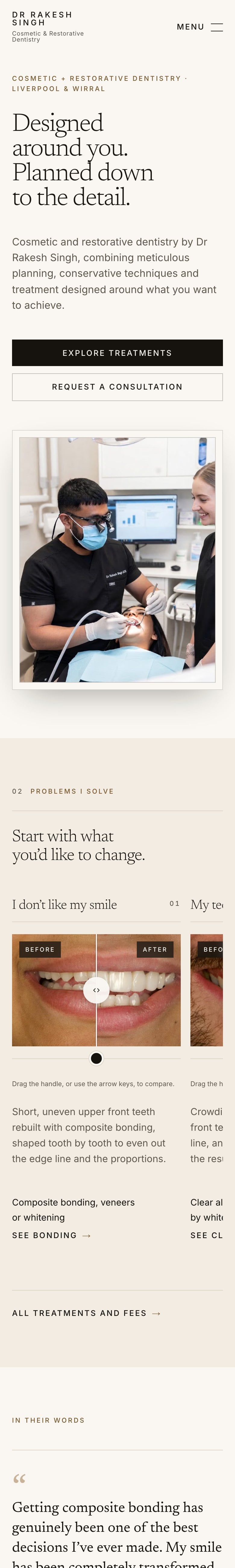 The same homepage on a phone: the headline, then his photograph, then the before-and-after tiles.